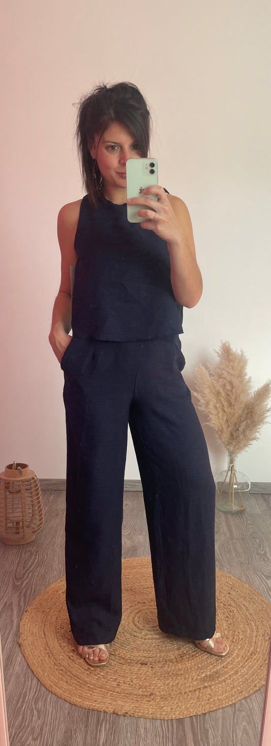 Combi pantalon fluide, chic et élégante bleu marine